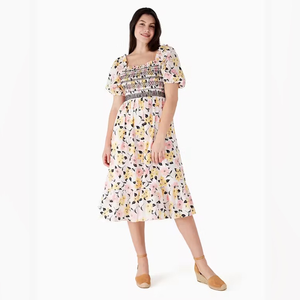 Kate Spade Lily Blooms Smocked Midi Dress (Sz XL) Cotton Floral Puff Sleeve